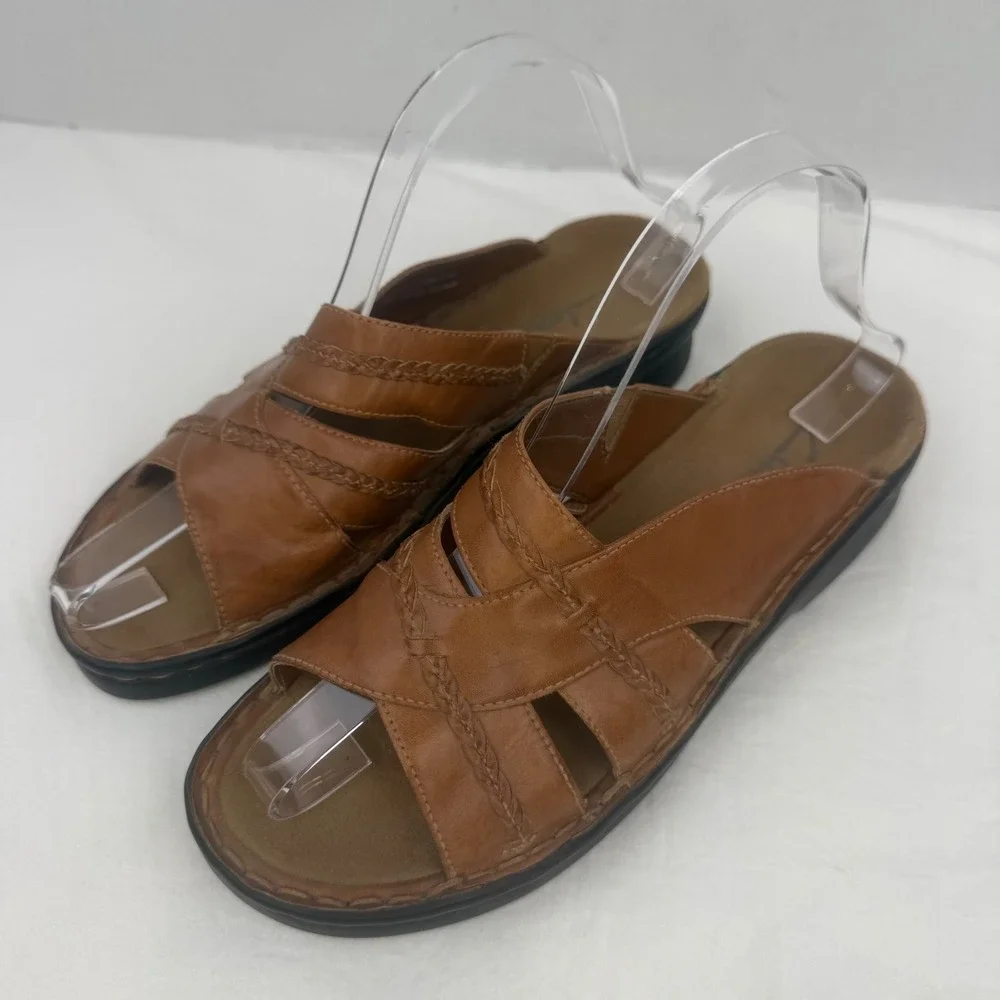 Clarks Womens Tan Brown Leather Braided Slide Sandals Size 7M Made in Brazil - Picture 6 of 13